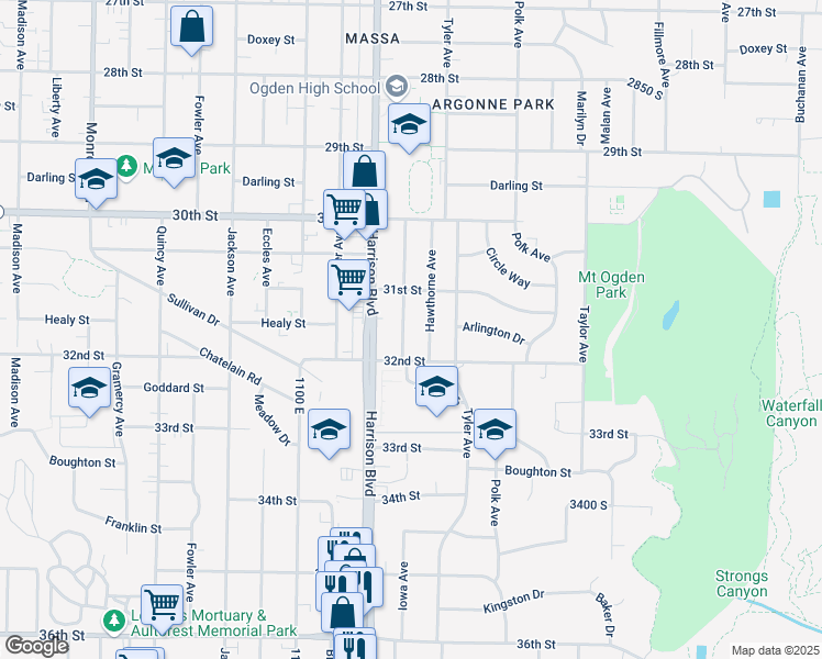 map of restaurants, bars, coffee shops, grocery stores, and more near 3150 Iowa Avenue in Ogden