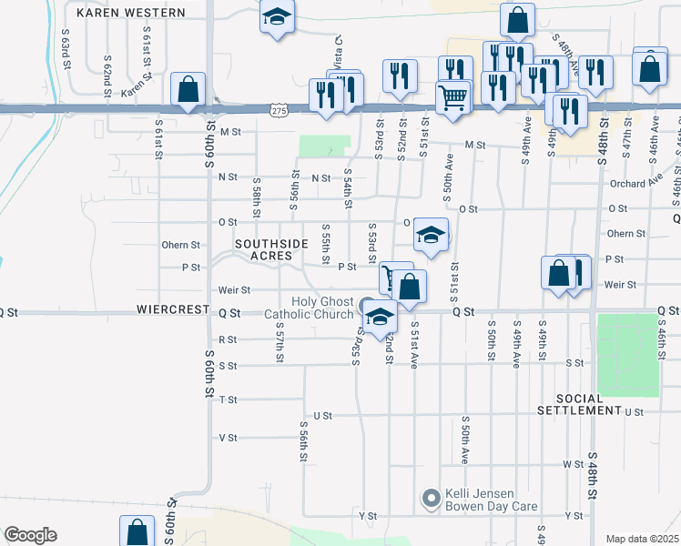 map of restaurants, bars, coffee shops, grocery stores, and more near 5409 P Street in Omaha