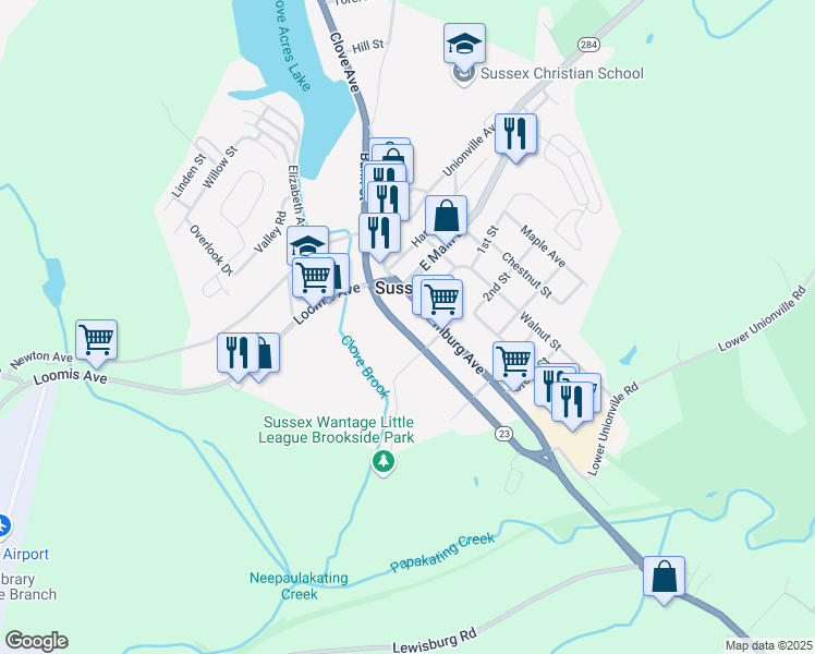 map of restaurants, bars, coffee shops, grocery stores, and more near 17 Walling Avenue in Sussex