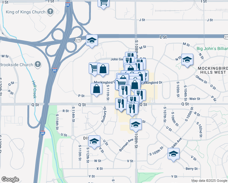 map of restaurants, bars, coffee shops, grocery stores, and more near 5065 South 111th Street in Omaha