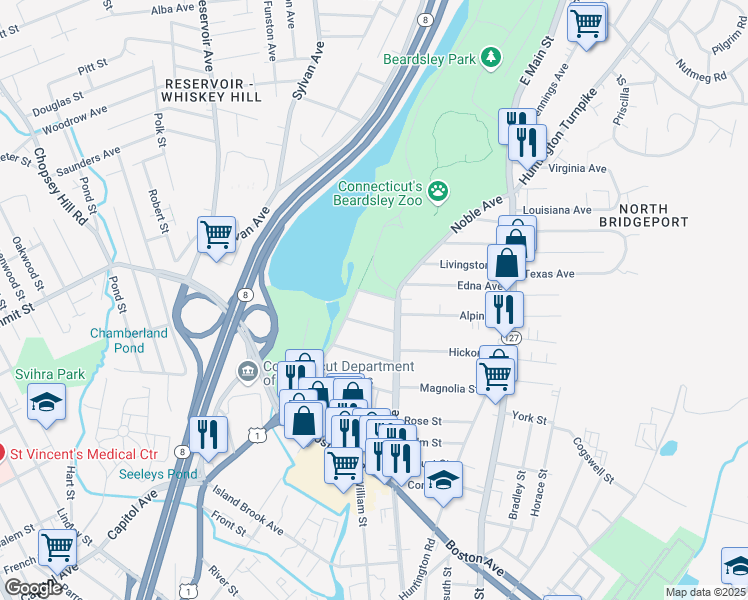 map of restaurants, bars, coffee shops, grocery stores, and more near 60 Crown Street in Bridgeport