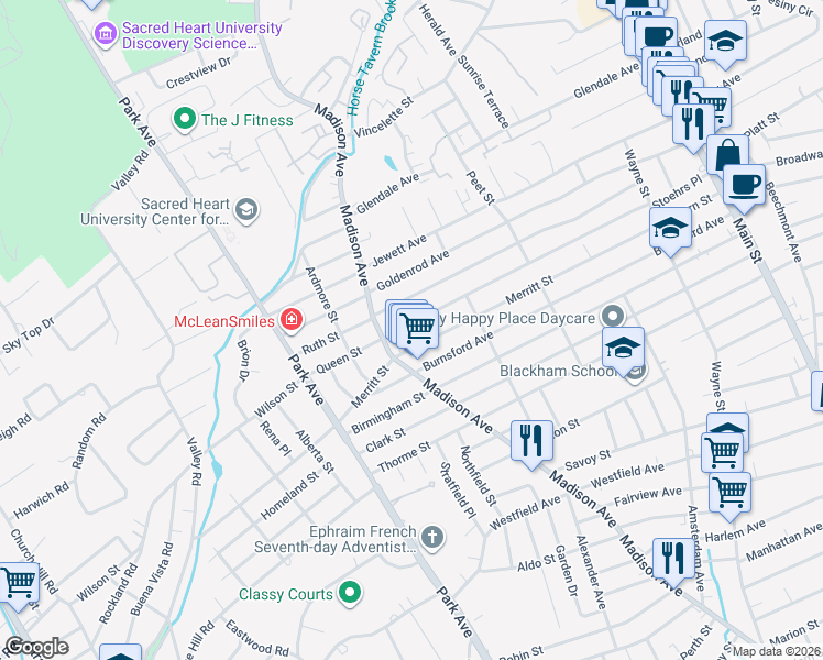 map of restaurants, bars, coffee shops, grocery stores, and more near 704 Merritt Street in Bridgeport