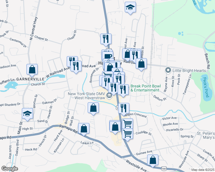map of restaurants, bars, coffee shops, grocery stores, and more near 45 south route 9w in West Haverstraw