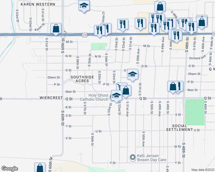 map of restaurants, bars, coffee shops, grocery stores, and more near 5409 P Street in Omaha