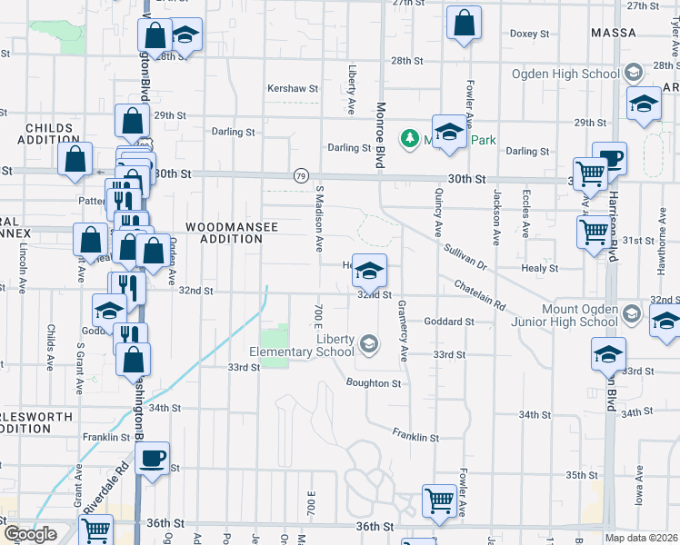 map of restaurants, bars, coffee shops, grocery stores, and more near 727 Healy St in Ogden