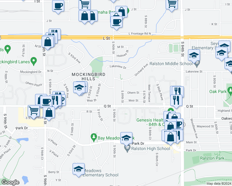 map of restaurants, bars, coffee shops, grocery stores, and more near 5023 90th Street in Omaha