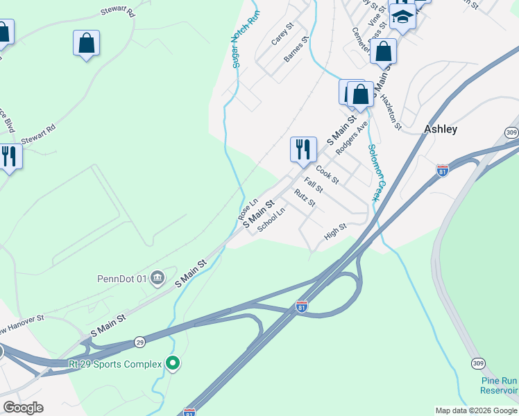 map of restaurants, bars, coffee shops, grocery stores, and more near 218 South Main Street in Wilkes-Barre