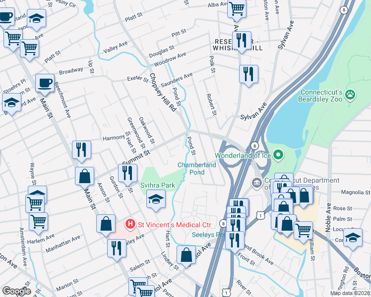 map of restaurants, bars, coffee shops, grocery stores, and more near 78 Slawson Street in Bridgeport
