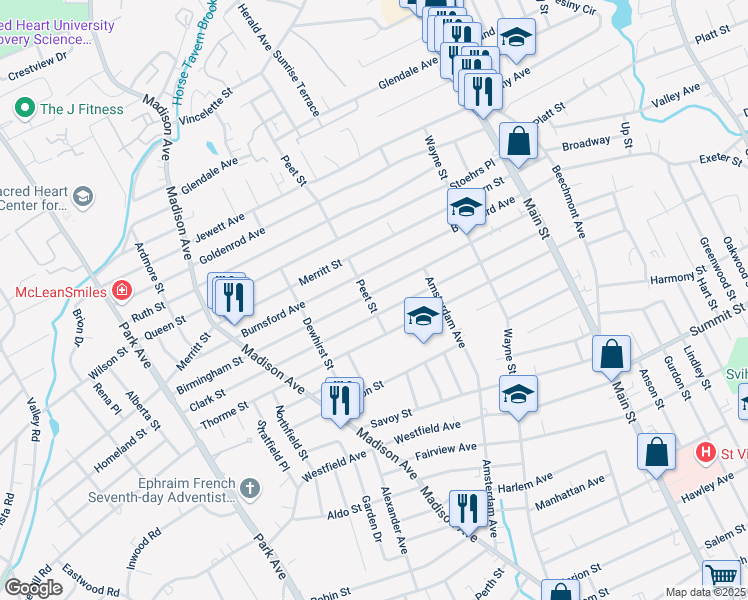 map of restaurants, bars, coffee shops, grocery stores, and more near 408 Clark Street in Bridgeport