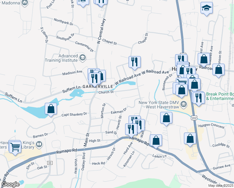 map of restaurants, bars, coffee shops, grocery stores, and more near 25 Church Street in West Haverstraw