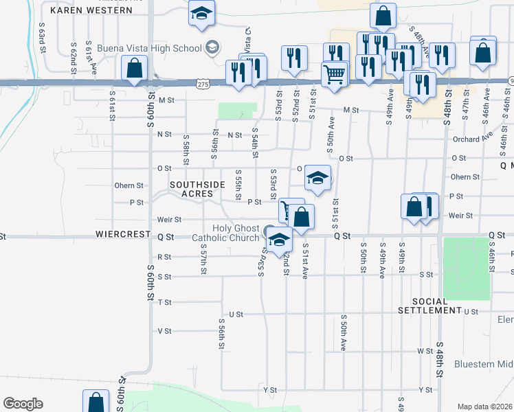 map of restaurants, bars, coffee shops, grocery stores, and more near 5409 P Street in Omaha