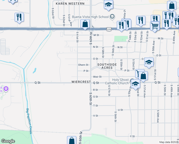 map of restaurants, bars, coffee shops, grocery stores, and more near 5103 South 60th Street in Omaha