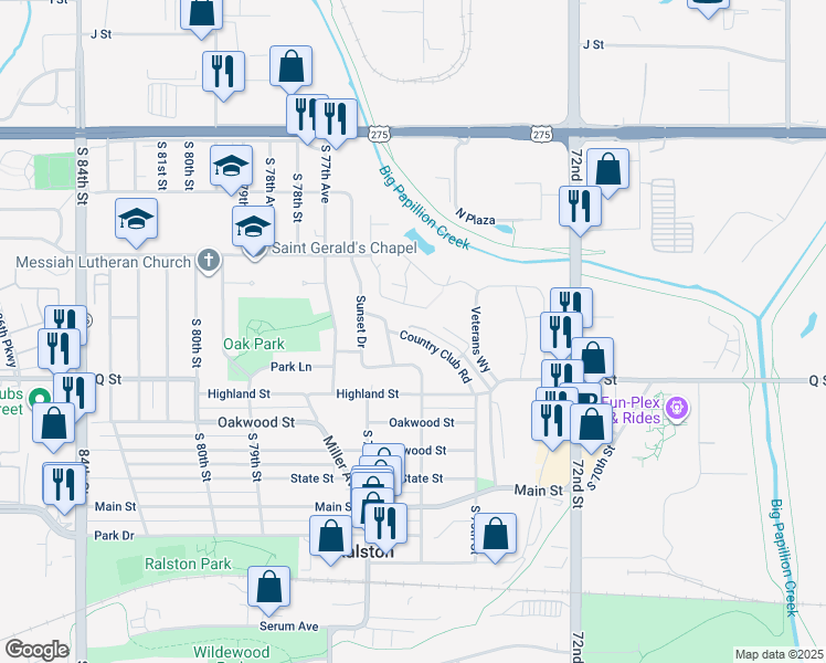 map of restaurants, bars, coffee shops, grocery stores, and more near 27 Country Club Road in Ralston