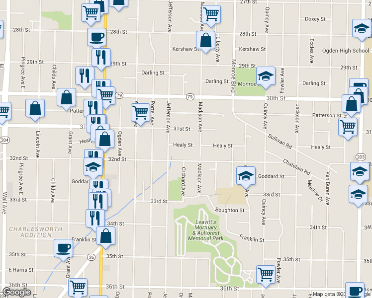 map of restaurants, bars, coffee shops, grocery stores, and more near 649 Healy Street in Ogden