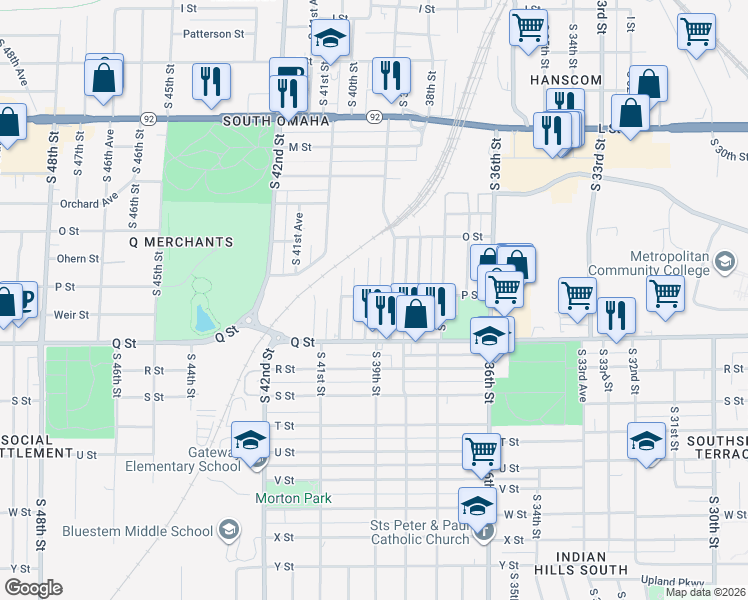 map of restaurants, bars, coffee shops, grocery stores, and more near 5110 South 39th Avenue in Omaha