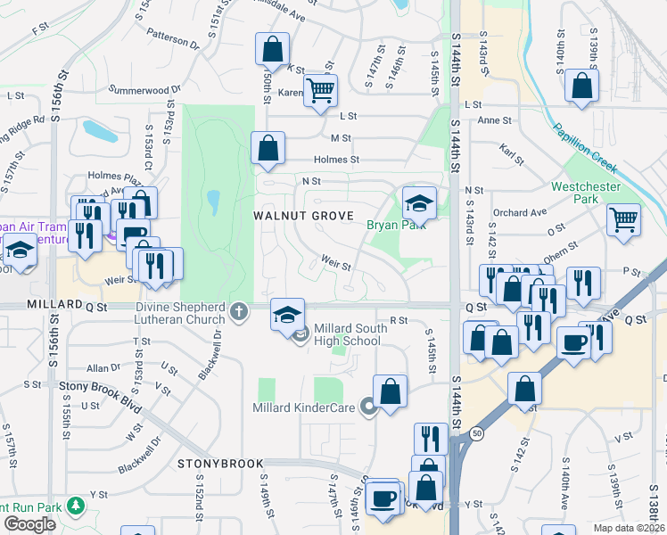 map of restaurants, bars, coffee shops, grocery stores, and more near 5162 South 147th Circle in Omaha