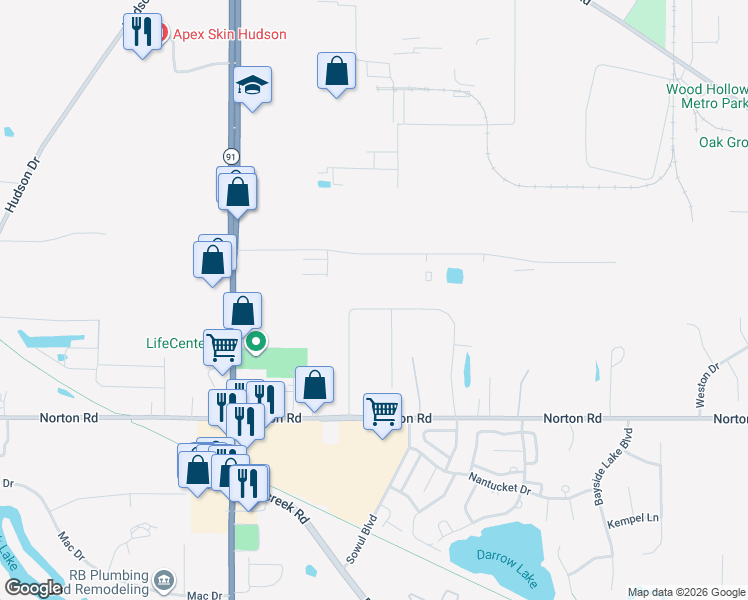 map of restaurants, bars, coffee shops, grocery stores, and more near 1611 Sapphire Drive in Hudson
