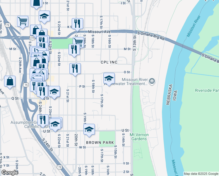 map of restaurants, bars, coffee shops, grocery stores, and more near 5101 South 17th Street in Omaha