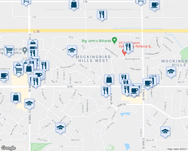 map of restaurants, bars, coffee shops, grocery stores, and more near 10023 O Street in Omaha