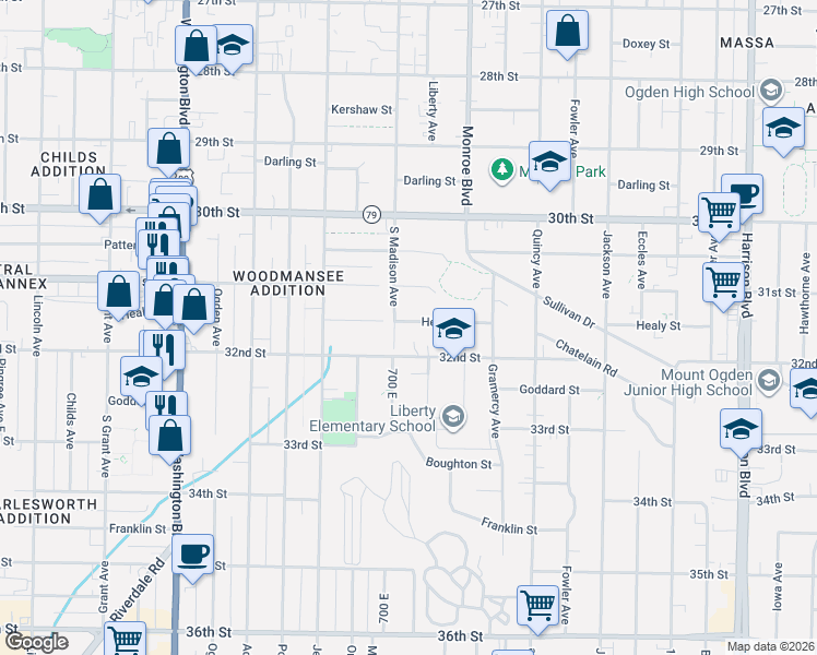 map of restaurants, bars, coffee shops, grocery stores, and more near 715 Healy Street in Ogden
