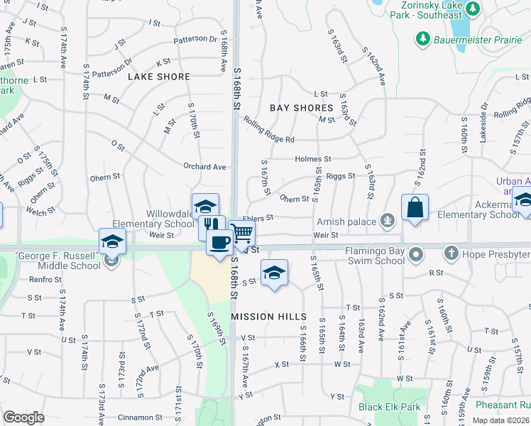 map of restaurants, bars, coffee shops, grocery stores, and more near 16615 Ehlers Street in Omaha