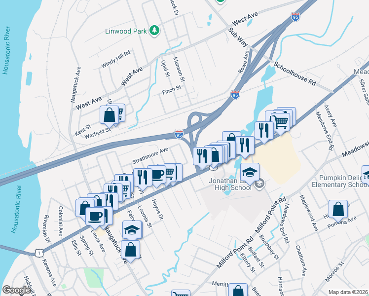 map of restaurants, bars, coffee shops, grocery stores, and more near 29 Oldroyd Street in Milford