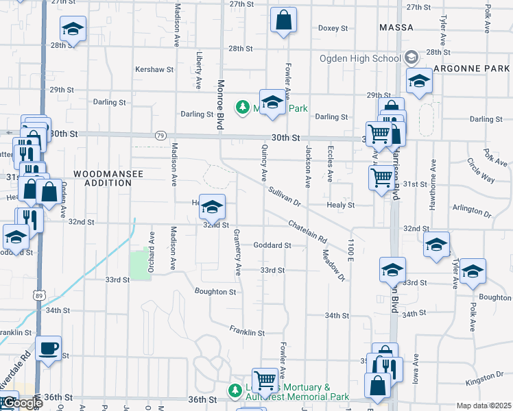 map of restaurants, bars, coffee shops, grocery stores, and more near 3179 Quincy Avenue in Ogden