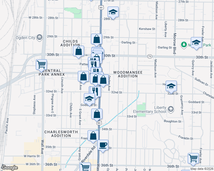 map of restaurants, bars, coffee shops, grocery stores, and more near 3170 Ogden Avenue in Ogden
