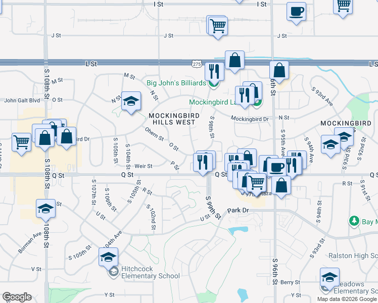map of restaurants, bars, coffee shops, grocery stores, and more near 9930 Weir Plaza in Omaha