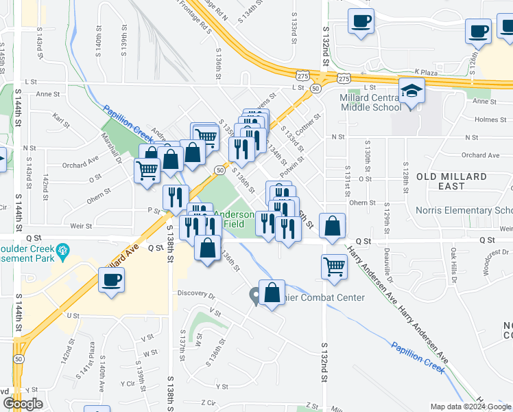 map of restaurants, bars, coffee shops, grocery stores, and more near 13625 Cottner Street in Omaha