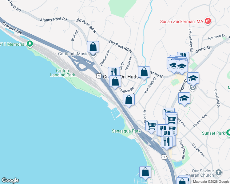 map of restaurants, bars, coffee shops, grocery stores, and more near 38 North Riverside Avenue in Croton-on-Hudson