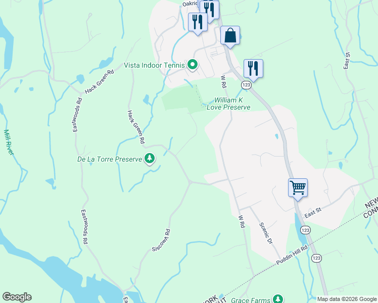 map of restaurants, bars, coffee shops, grocery stores, and more near 78 Hack Green Road in Pound Ridge