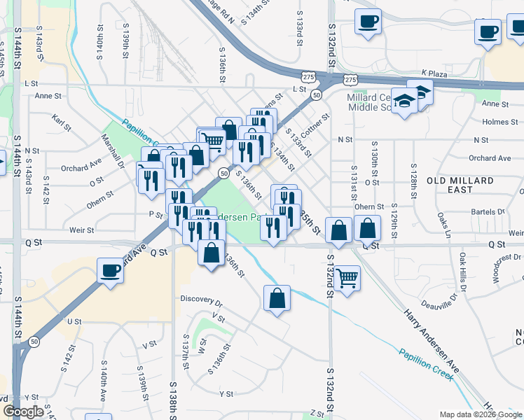 map of restaurants, bars, coffee shops, grocery stores, and more near 13625 Cottner Street in Omaha