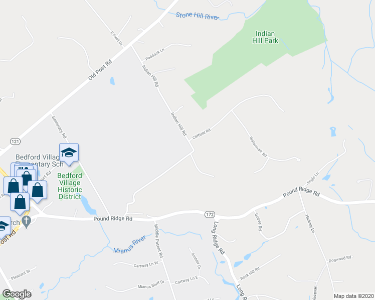 map of restaurants, bars, coffee shops, grocery stores, and more near 88 Indian Hill Road in Bedford