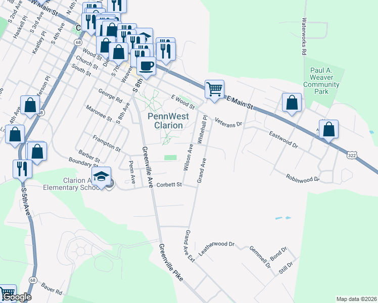 map of restaurants, bars, coffee shops, grocery stores, and more near 100-226 Wilson Avenue in Clarion