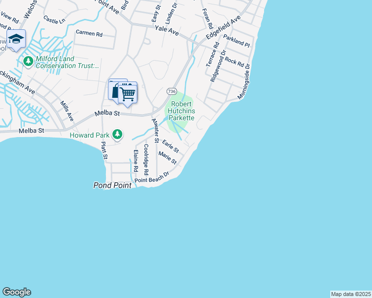 map of restaurants, bars, coffee shops, grocery stores, and more near 183 Point Beach Drive in Milford