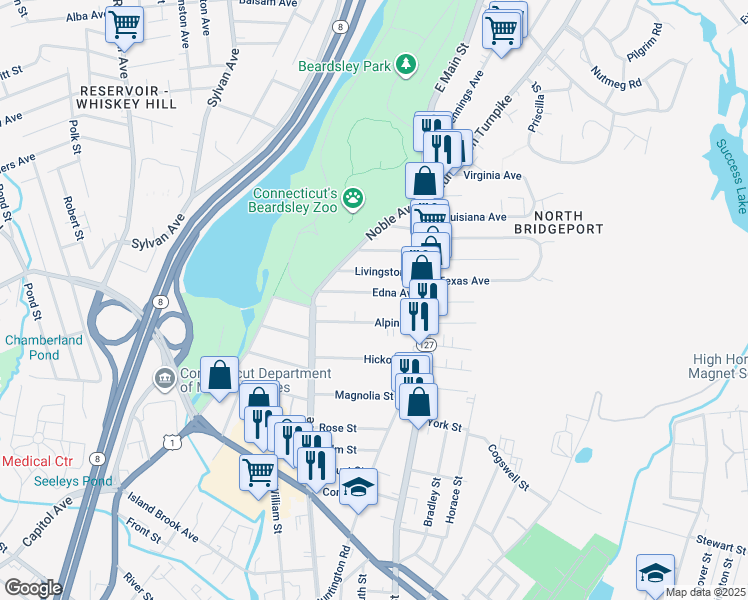 map of restaurants, bars, coffee shops, grocery stores, and more near 173 Alpine Street in Bridgeport