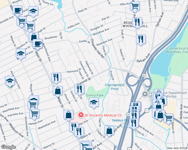 map of restaurants, bars, coffee shops, grocery stores, and more near 80 Oakwood Street in Bridgeport