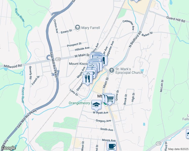 map of restaurants, bars, coffee shops, grocery stores, and more near 39 South Moger Avenue in Mount Kisco