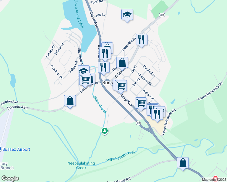 map of restaurants, bars, coffee shops, grocery stores, and more near 17 Walling Avenue in Sussex