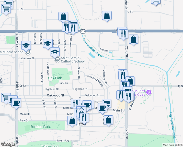 map of restaurants, bars, coffee shops, grocery stores, and more near 27 Country Club Road in Ralston