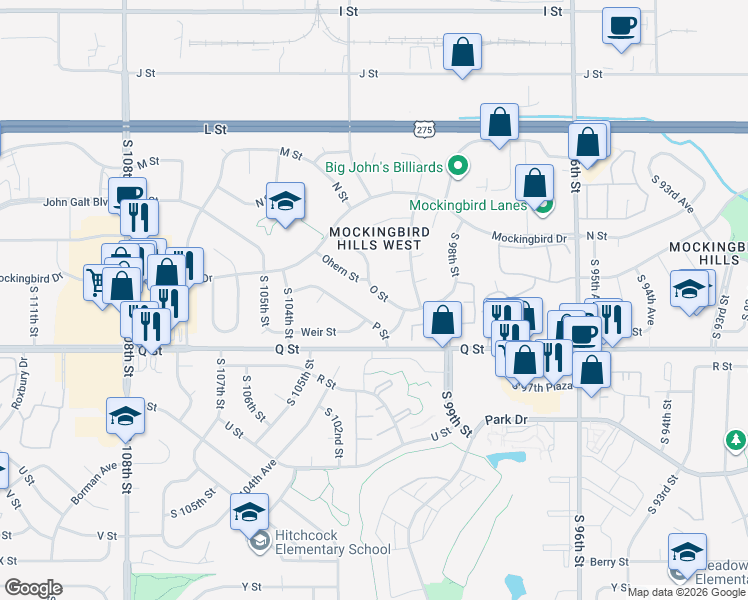 map of restaurants, bars, coffee shops, grocery stores, and more near 10023 O Street in Omaha