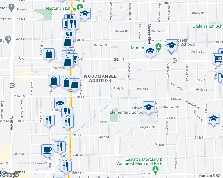 map of restaurants, bars, coffee shops, grocery stores, and more near 3148 Jefferson Avenue in Ogden