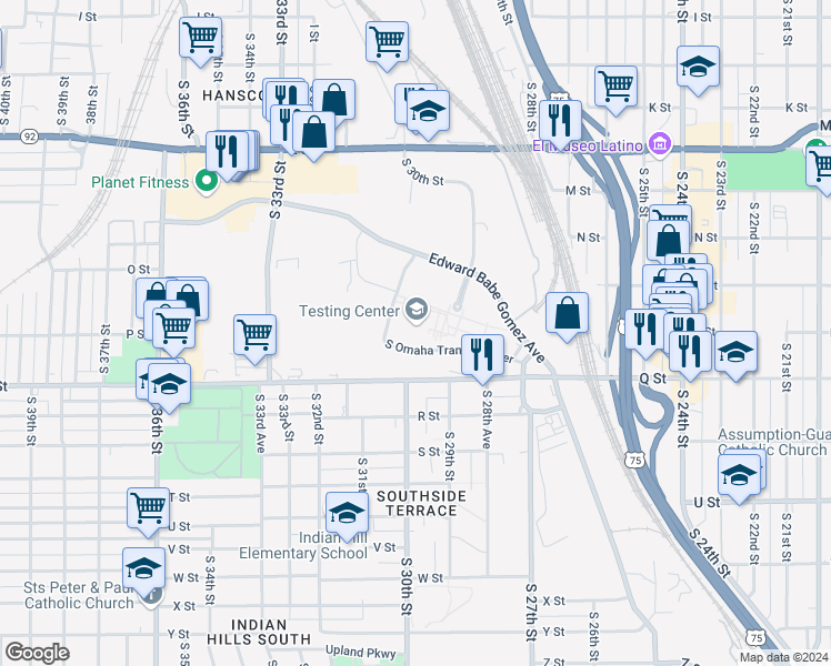 map of restaurants, bars, coffee shops, grocery stores, and more near 2909 Edward Babe Gomez Avenue in Omaha
