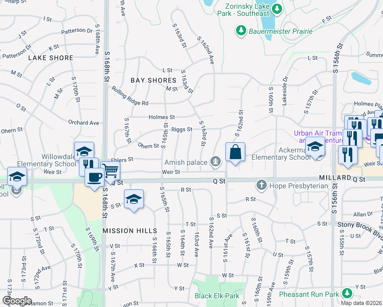 map of restaurants, bars, coffee shops, grocery stores, and more near 5106 South 163rd Street in Omaha