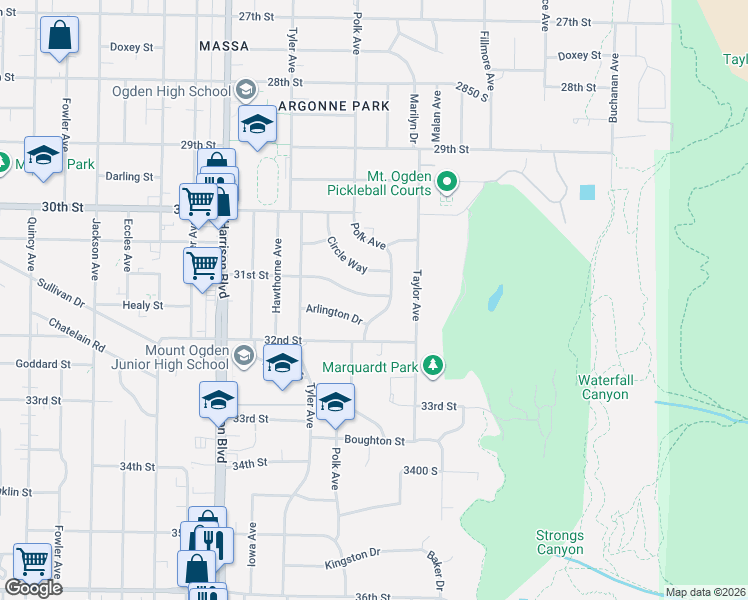 map of restaurants, bars, coffee shops, grocery stores, and more near 3137 Polk Avenue in Ogden