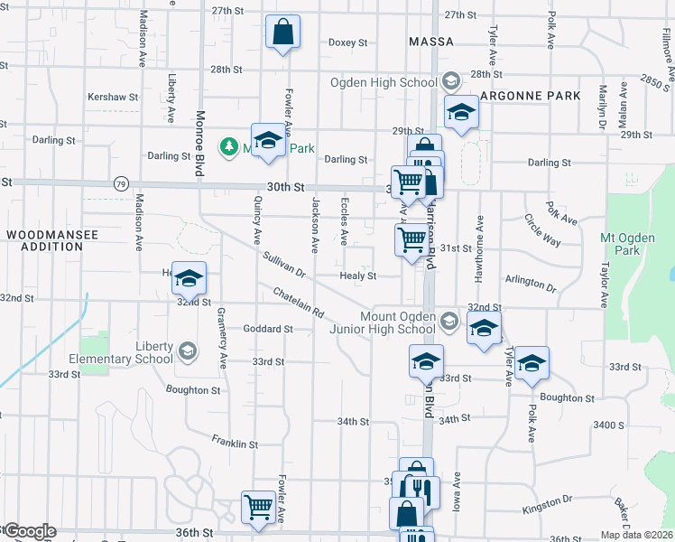 map of restaurants, bars, coffee shops, grocery stores, and more near 1053 Healy Street in Ogden