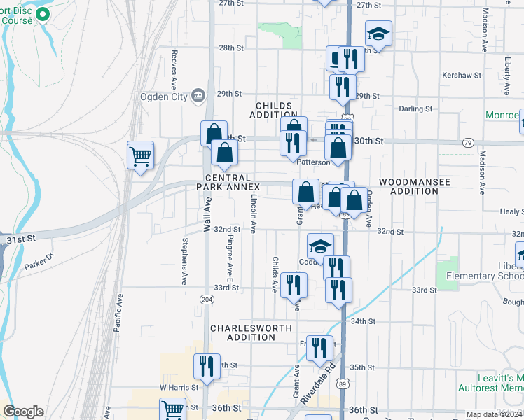 map of restaurants, bars, coffee shops, grocery stores, and more near 3185 Lincoln Avenue in Ogden