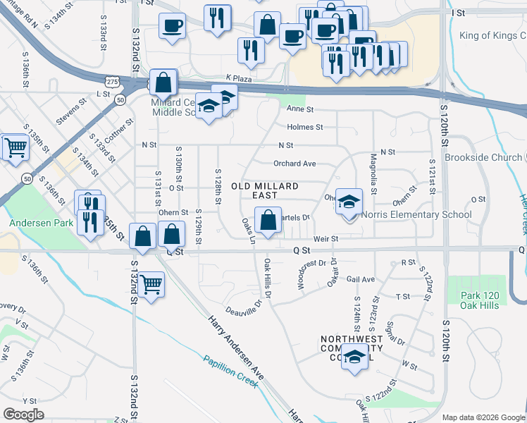 map of restaurants, bars, coffee shops, grocery stores, and more near 5109 South 126th Court in Omaha