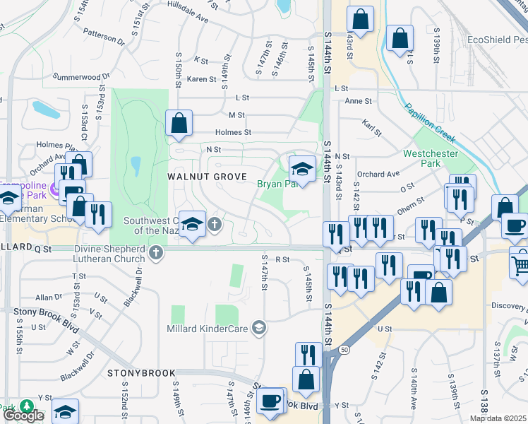 map of restaurants, bars, coffee shops, grocery stores, and more near 14626 Weir Circle in Omaha